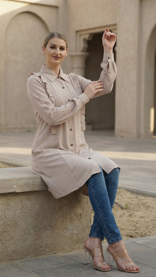 Almond Kurti with Show Buttons on the Front and Frill Work on Both Sides