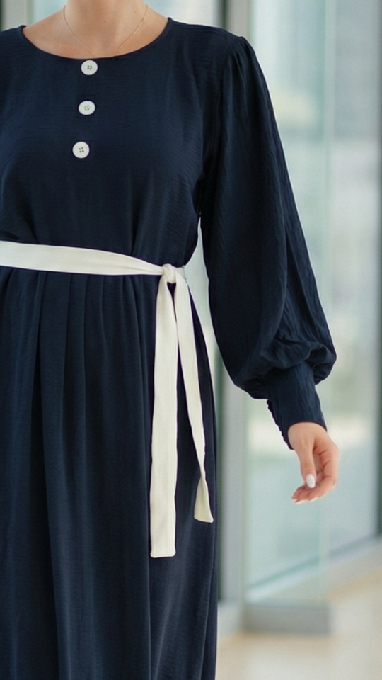 Stylish Modest Dress with Show Buttons on the Front and a Belt in Navy Blue