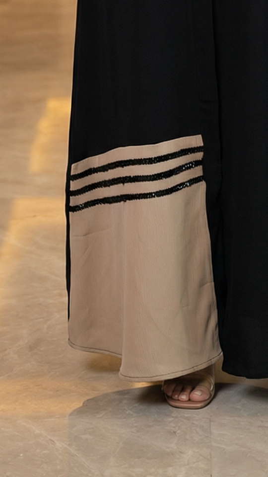 Wholesale Zoom Simple Abaya with Black Crystal Handwork on the Front in Black and Beige