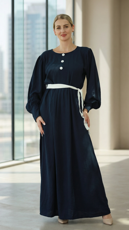 Stylish Modest Dress with Show Buttons on the Front and a Belt in Navy Blue
