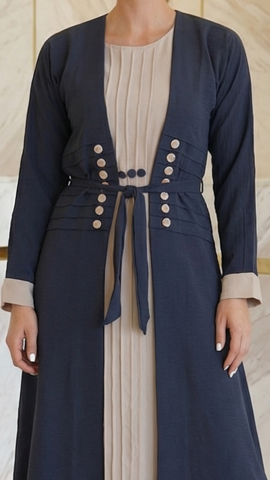 Dark Grey and almond Modest Dress with Show Buttons on the Front