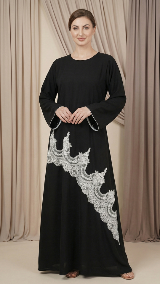 Stylish Dark Coffee Abaya with Elegant White Lacework