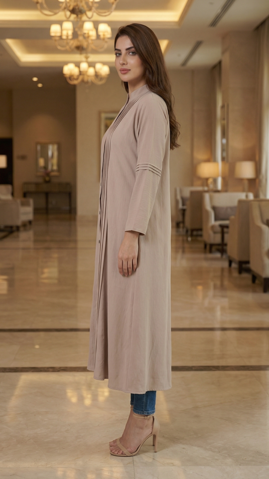 Almond Kurti with Front Show Button and Pleat