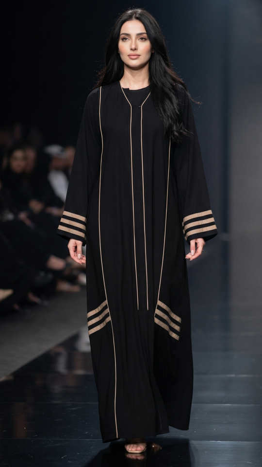 Black and Beige Abaya with Piping and Pleat Work on the Front 