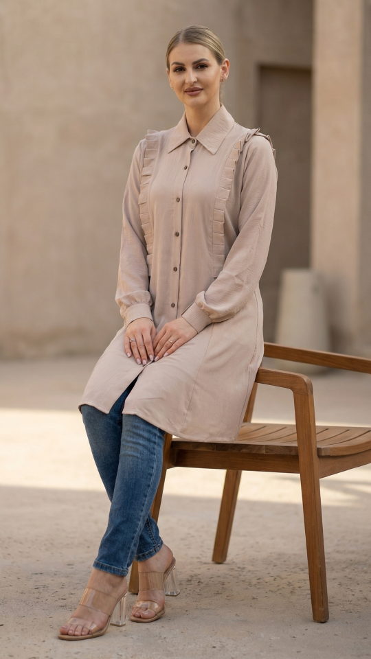 Almond Kurti with Show Buttons on the Front and Frill Work on Both Sides