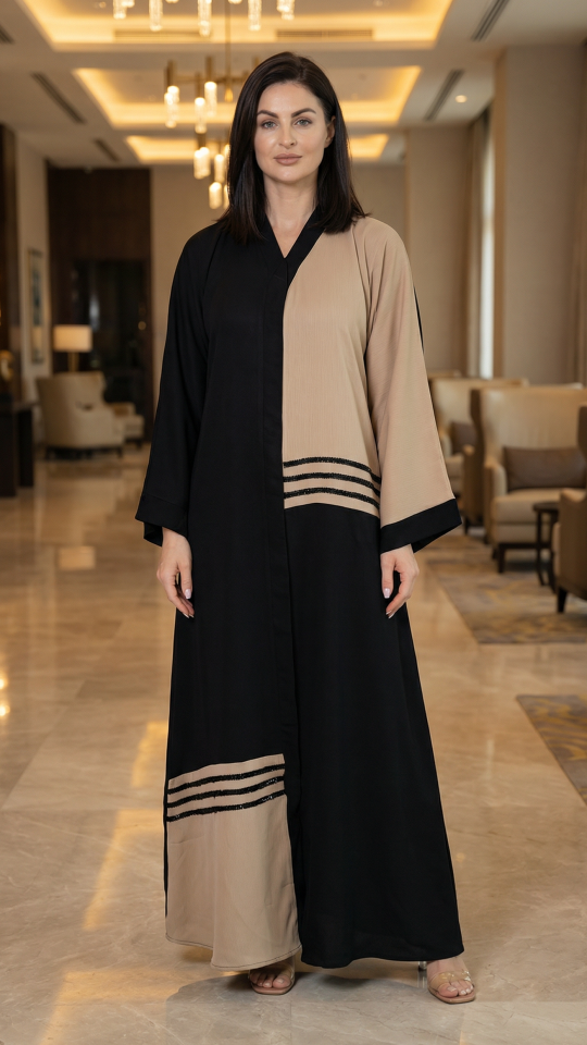 Wholesale Zoom Simple Abaya with Black Crystal Handwork on the Front in Black and Beige