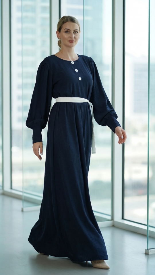 Stylish Modest Dress with Show Buttons on the Front and a Belt in Navy Blue
