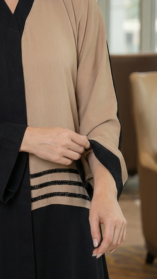 Wholesale Zoom Simple Abaya with Black Crystal Handwork on the Front in Black and Beige