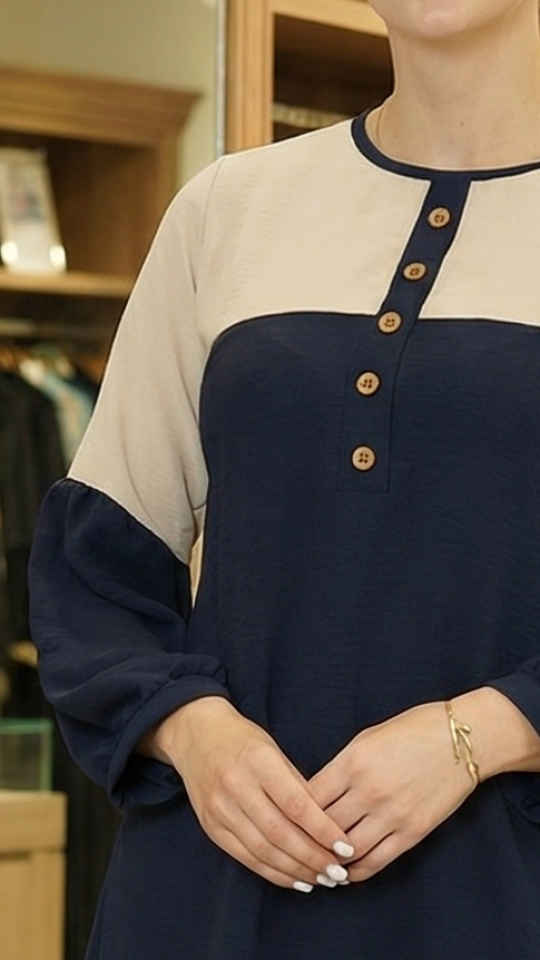 Wholesale Cream and Navy Blue Kurti with a Show Button on the Front and Balloon Sleeves