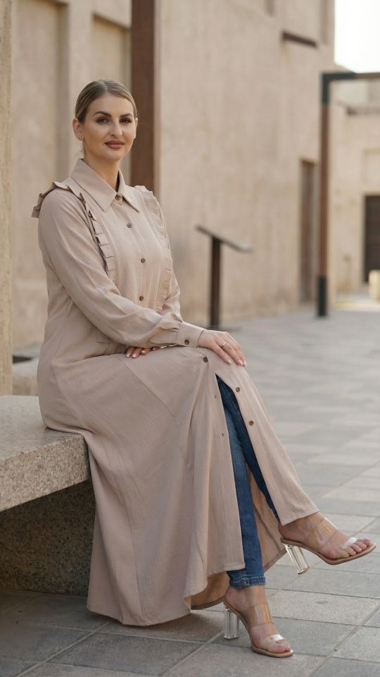 Almond Kurti with Show Buttons on the Front and Frill Work on Both Sides