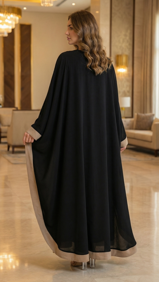 Wholesale Nida Matte Simple Kaftan With Beige Band And Floral Work In Black