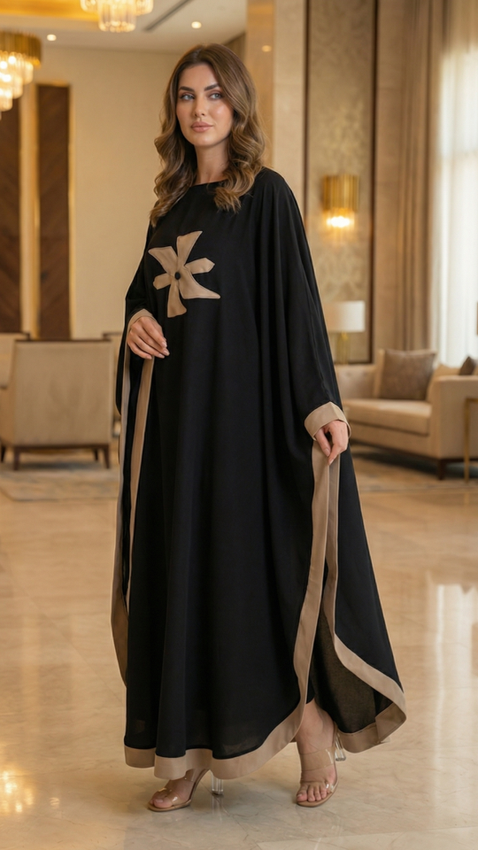 Wholesale Nida Matte Simple Kaftan With Beige Band And Floral Work In Black