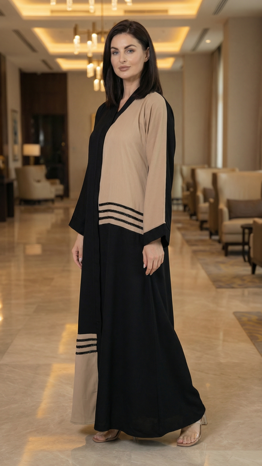 Wholesale Zoom Simple Abaya with Black Crystal Handwork on the Front in Black and Beige