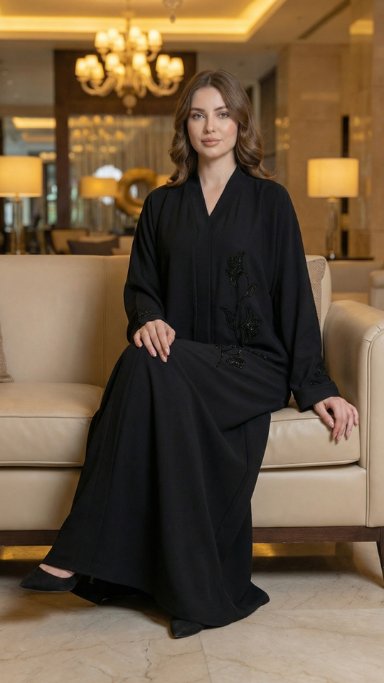 Black Masha Crepe simple Abaya with Crystal Handwork 