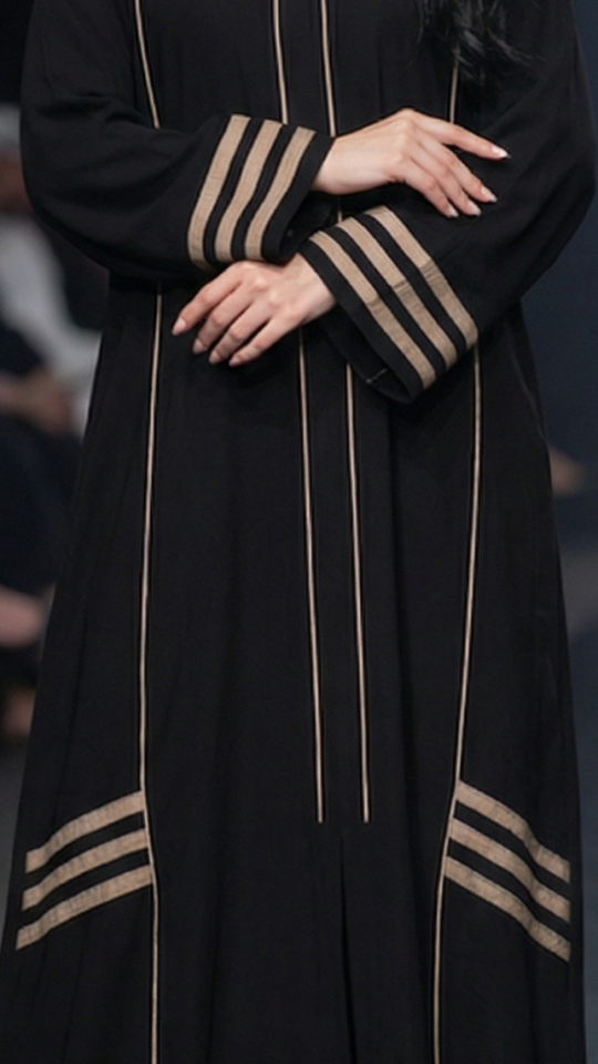 Black and Beige Abaya with Piping and Pleat Work on the Front 
