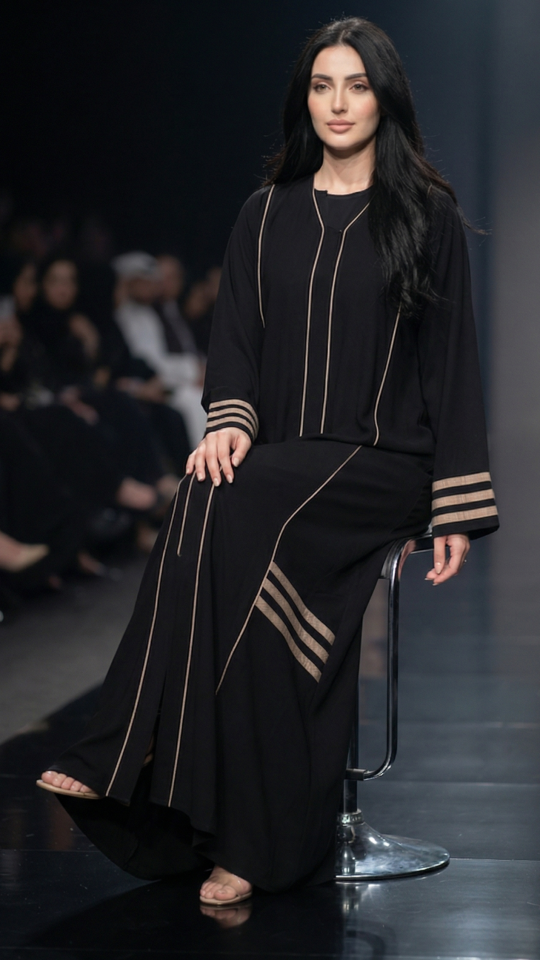 Black and Beige Abaya with Piping and Pleat Work on the Front 
