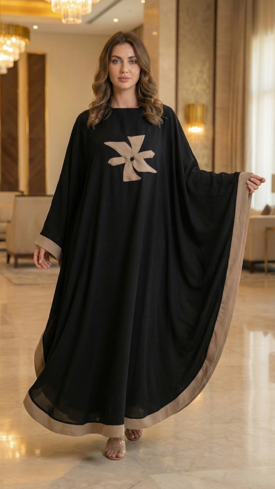 Wholesale Nida Matte Simple Kaftan With Beige Band And Floral Work In Black