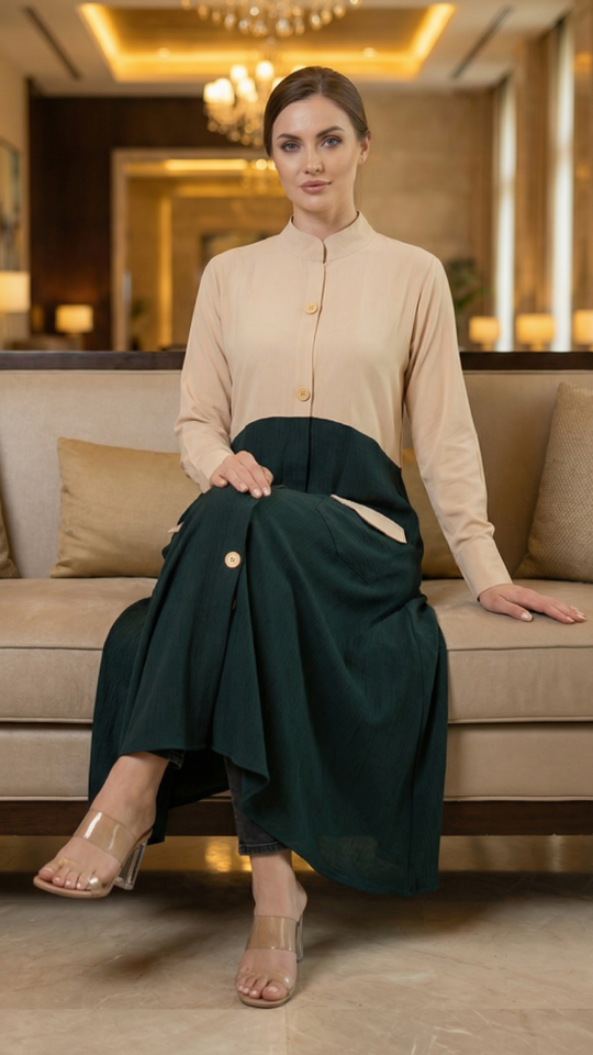 Dark Green and Cream CEY Kurti with Show Buttons on the Front and Two Side Pockets
