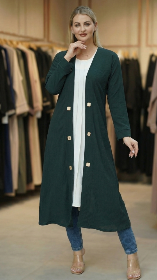 CEY Kurti with a Shrug and Show Buttons on the Front in Dark Green and Off White