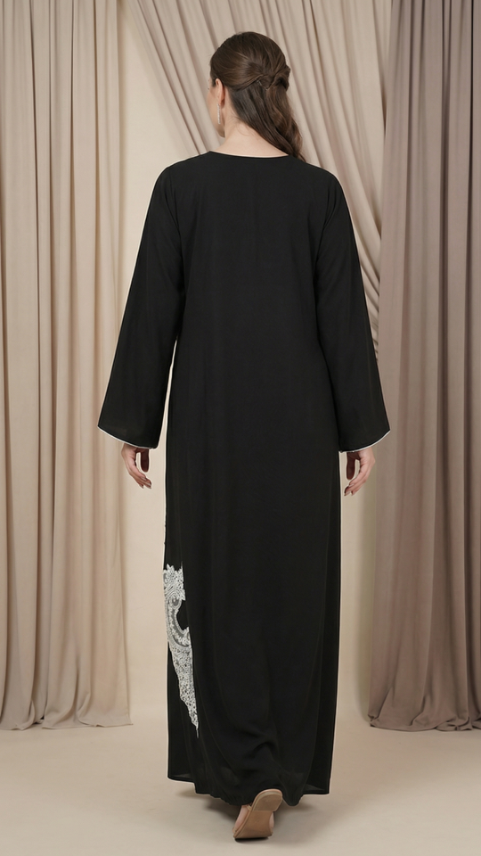 Stylish Dark Coffee Abaya with Elegant White Lacework