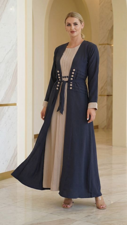 Dark Grey and almond Modest Dress with Show Buttons on the Front