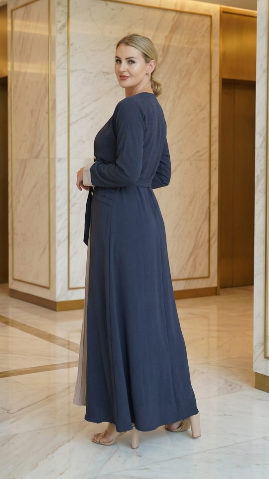 Dark Grey and almond Modest Dress with Show Buttons on the Front