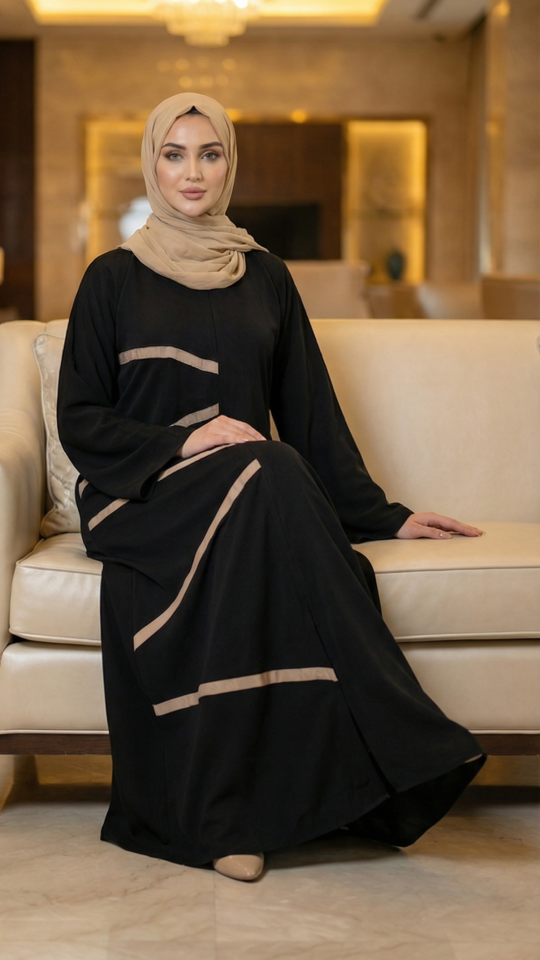 Black Nida Matte Abaya with Beige Band Work
