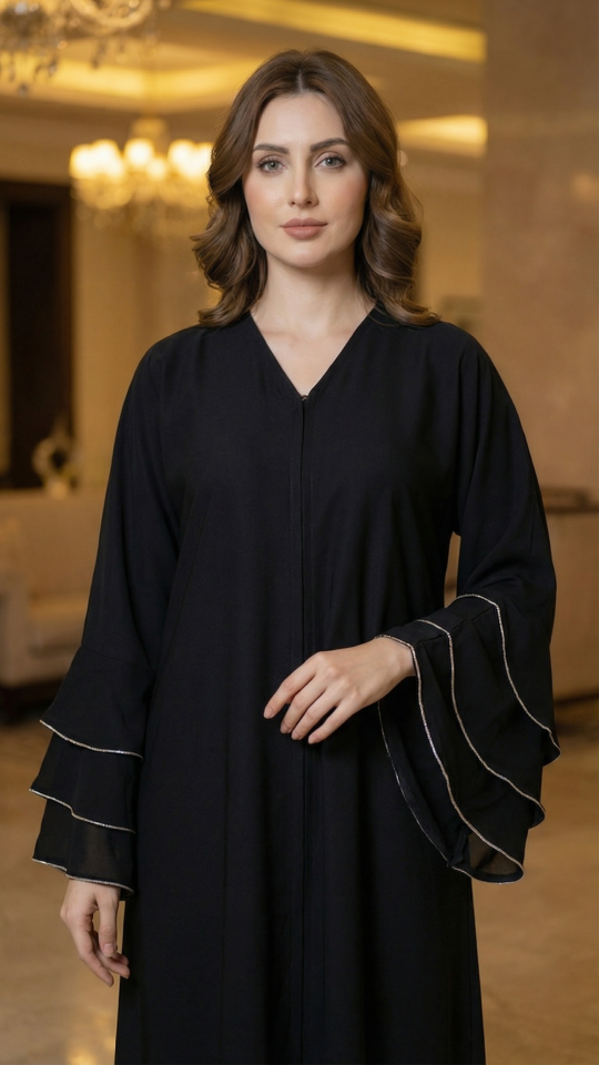 Wholesale Black Nida Matte Abaya with Stone Lace Work on the Sleeve Bottoms