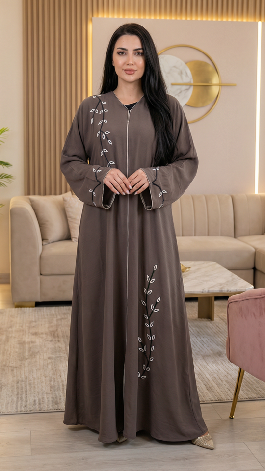 Wholesale Zoom Abaya With Crystal Hand Work And Piping In Brown