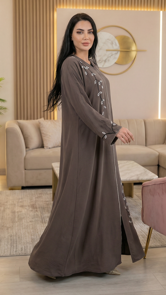 Wholesale Zoom Abaya With Crystal Hand Work And Piping In Brown