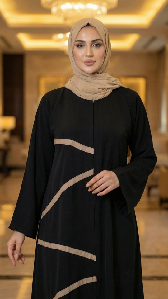 Black Nida Matte Abaya with Beige Band Work