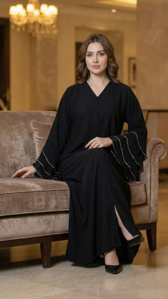 Wholesale Black Nida Matte Abaya with Stone Lace Work on the Sleeve Bottoms