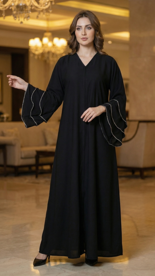 Wholesale Black Nida Matte Abaya with Stone Lace Work on the Sleeve Bottoms
