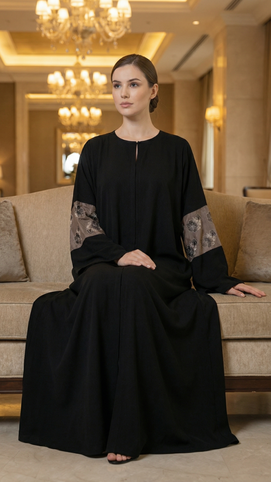 Elegant Black Abaya with a Floral Embroidery Design