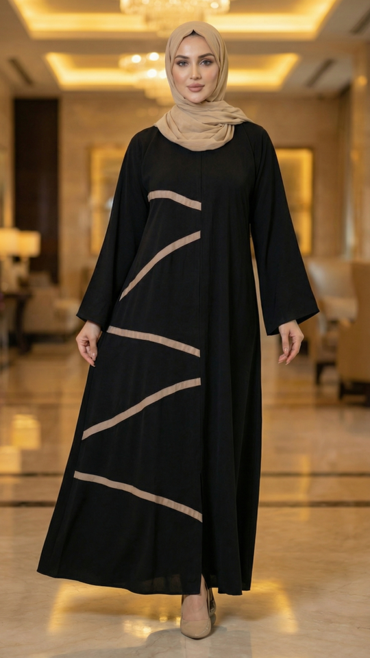 Black Nida Matte Abaya with Beige Band Work
