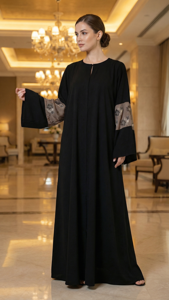 Elegant Black Abaya with a Floral Embroidery Design