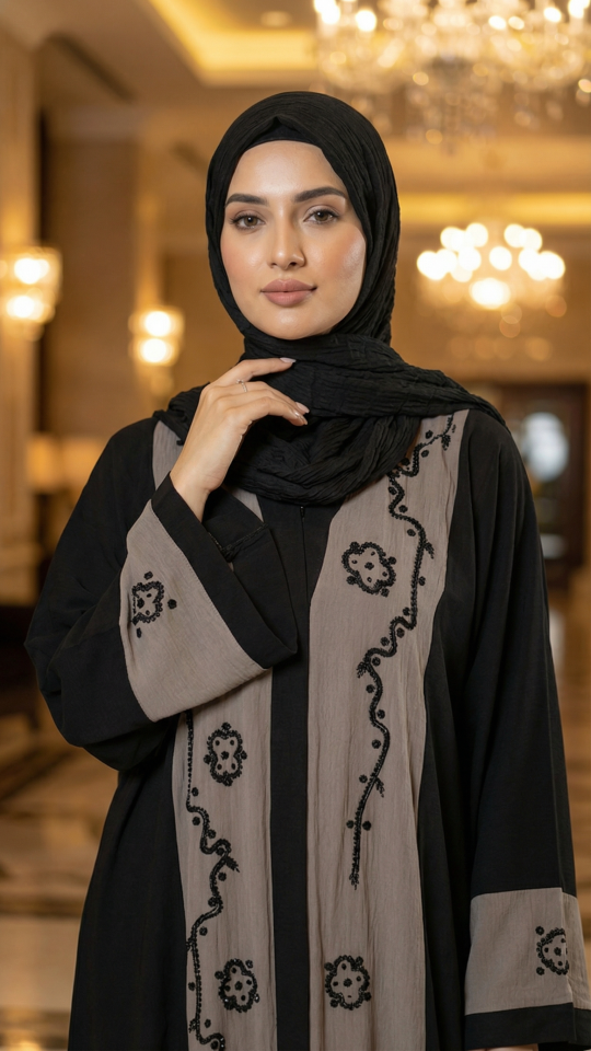  Black And Brown CEY Modest Dress with Black Crystal Handwork on the Front and Sleeves 