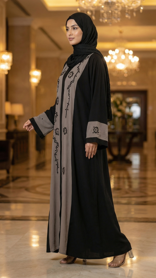  Black And Brown CEY Modest Dress with Black Crystal Handwork on the Front and Sleeves 
