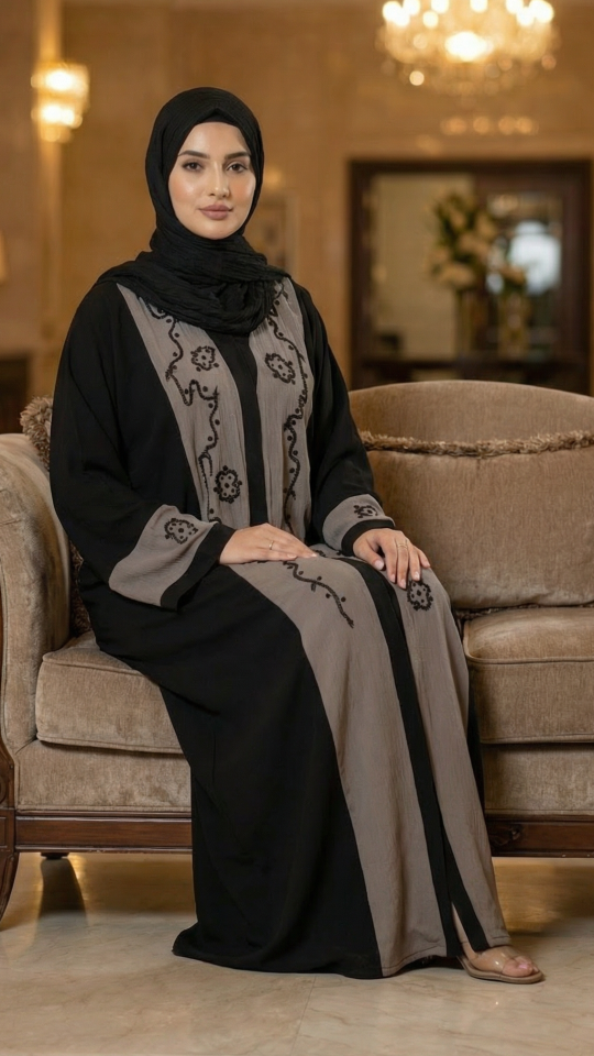  Black And Brown CEY Modest Dress with Black Crystal Handwork on the Front and Sleeves 