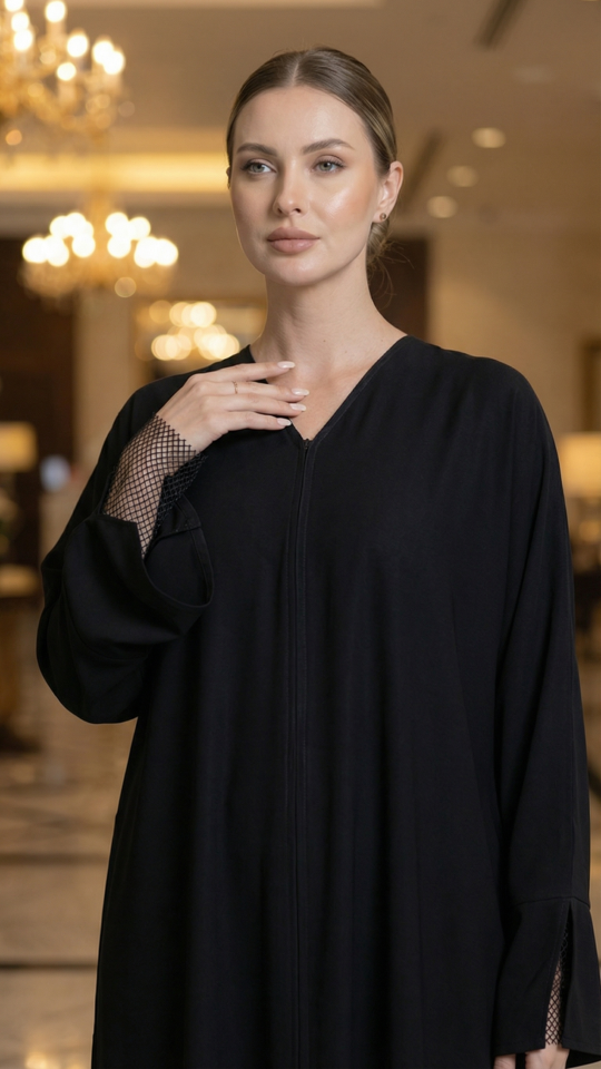 Simple Abaya with Rhinestone Net Mesh on the Sleeves in Black