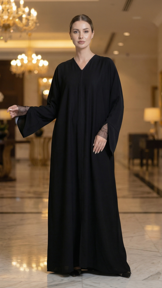 Simple Abaya with Rhinestone Net Mesh on the Sleeves in Black