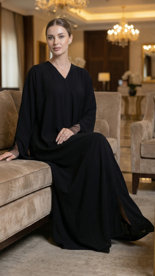 Simple Abaya with Rhinestone Net Mesh on the Sleeves in Black