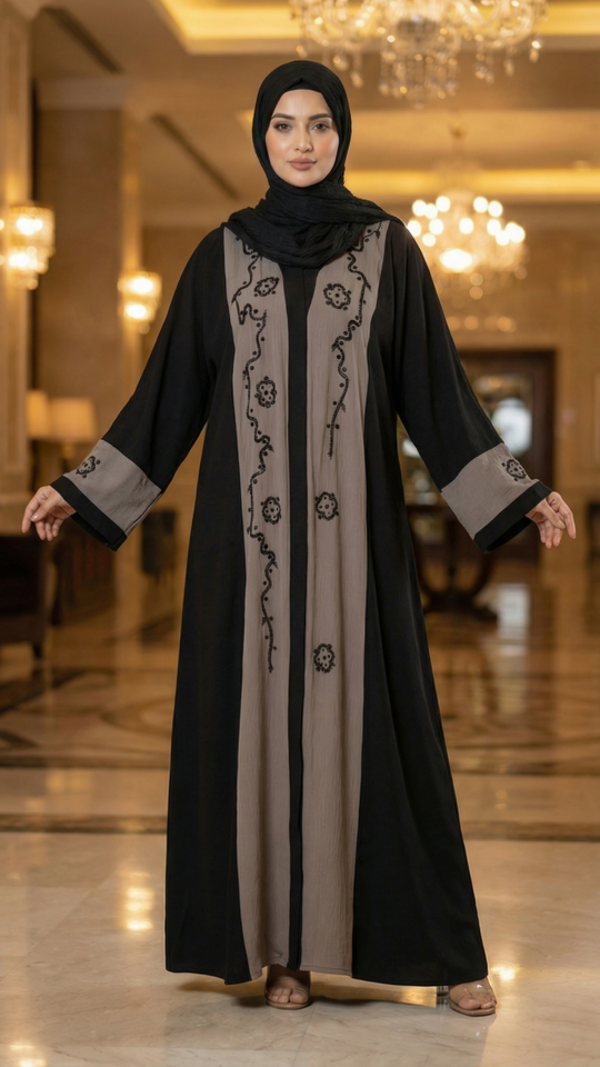  Black And Brown CEY Modest Dress with Black Crystal Handwork on the Front and Sleeves 