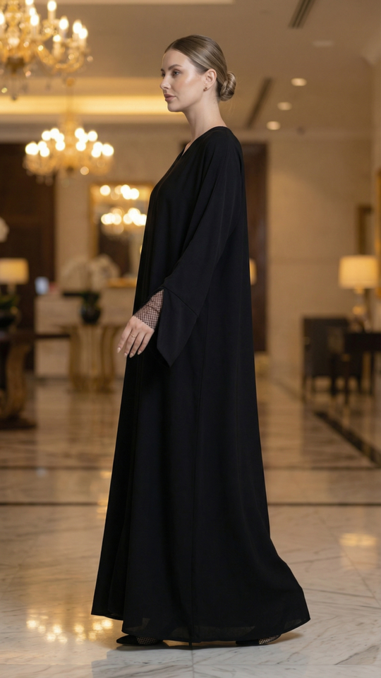 Simple Abaya with Rhinestone Net Mesh on the Sleeves in Black