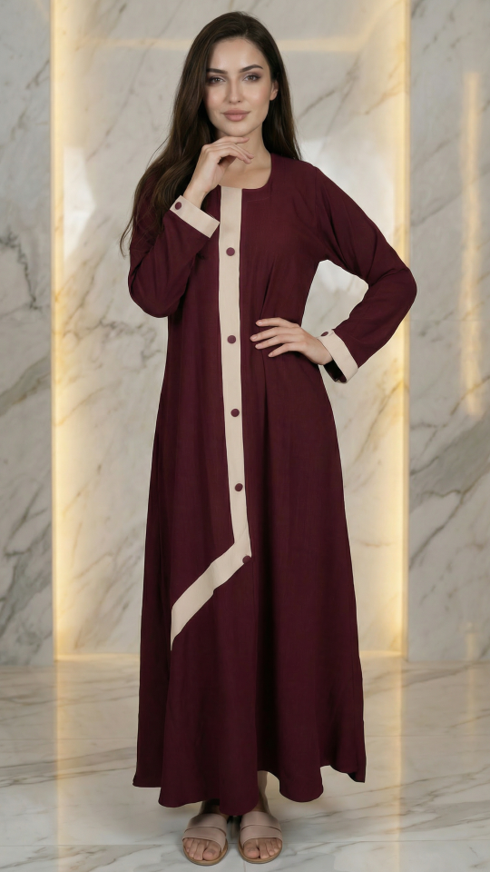 Bulk Simple Abaya With Show Buttons And Cream Band on the Front In Maroon
