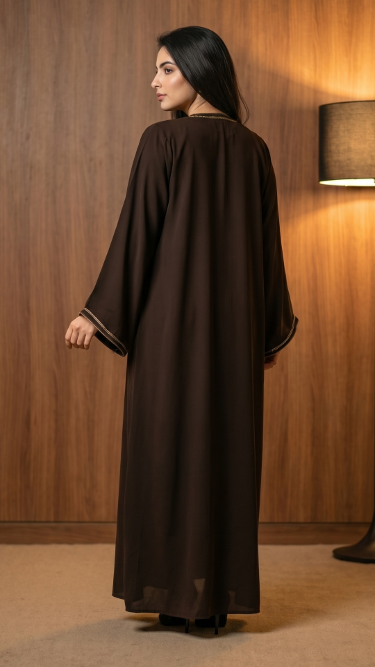 Wholesale Dark Coffee Masha Crepe Simple Abaya with Beaded Handwork on the Front And Sleeves 