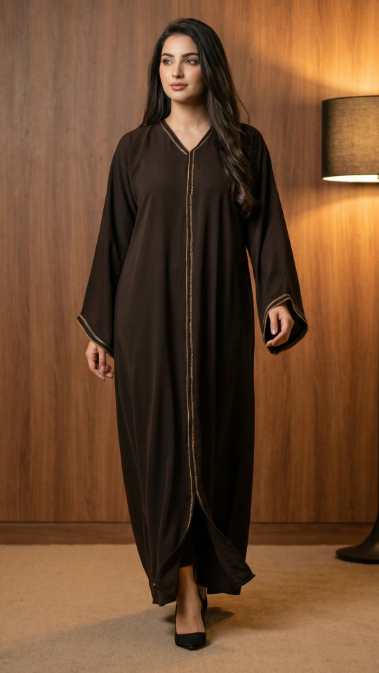 Wholesale Dark Coffee Masha Crepe Simple Abaya with Beaded Handwork on the Front And Sleeves 
