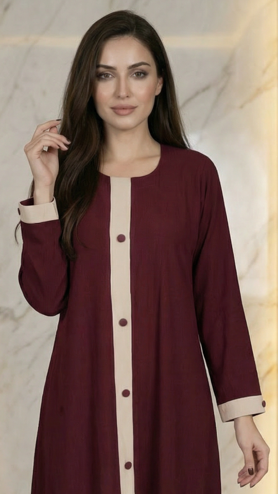 Bulk Simple Abaya With Show Buttons And Cream Band on the Front In Maroon