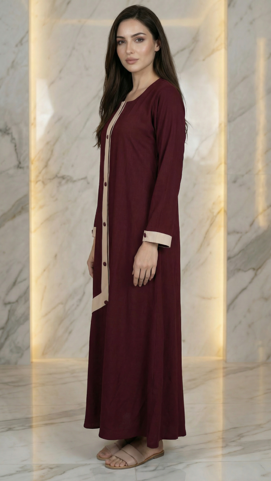 Bulk Simple Abaya With Show Buttons And Cream Band on the Front In Maroon