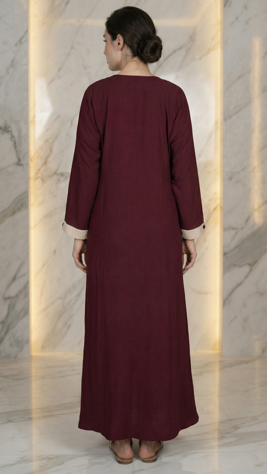 Bulk Simple Abaya With Show Buttons And Cream Band on the Front In Maroon